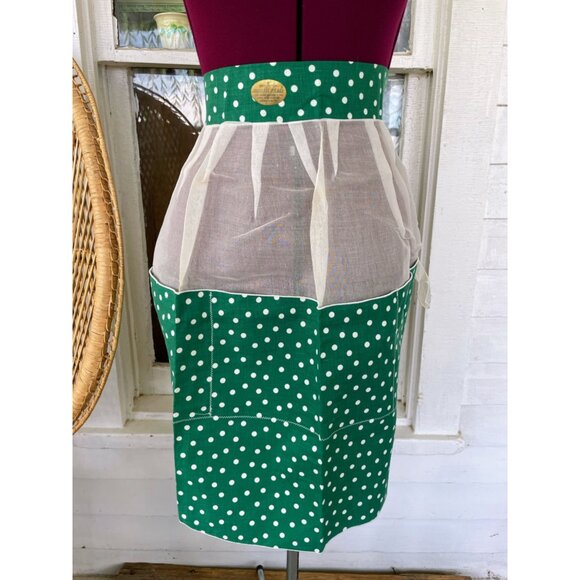 Vintage 1950s Half Apron Organdy Linen Gree Polka dot Original tags - Picture 11 of 11